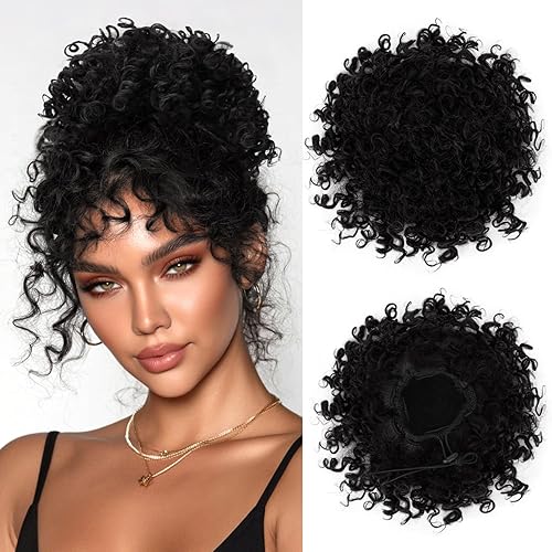 Miniatura 12 de PEACOCO Extension de Moño Despeinado Corto y Rizado con Cordones Elásticos, Piezas de Cabello Sueltas para Mujeres con Cabello Fino, Fibra Sintética