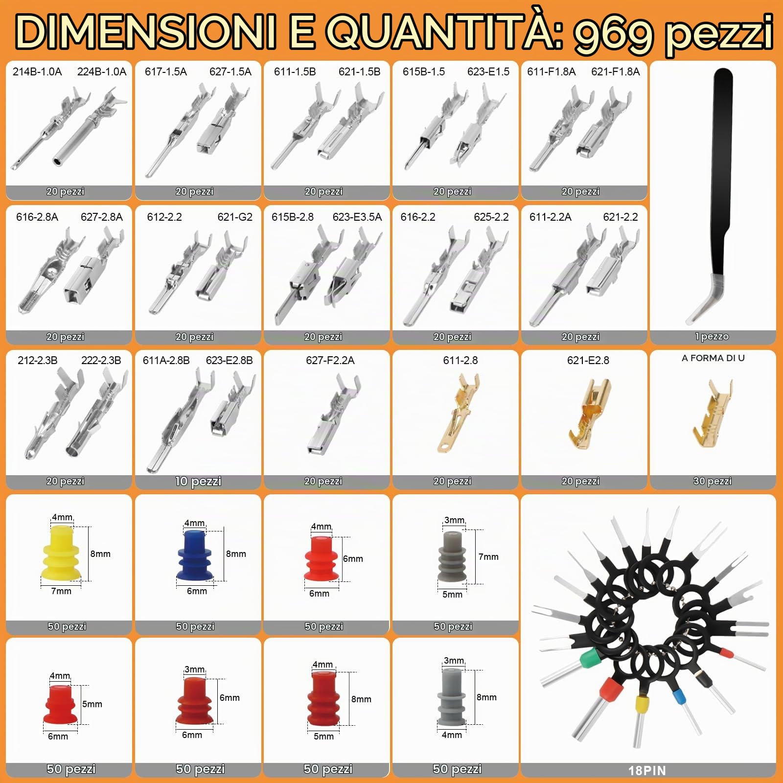 Kit connettori elettrici per auto 969 pezzi con crimpatrice SN-58B, terminali 1,0–3,5 mm, tappi di tenuta e 18 strumenti di estrazione per auto e moto