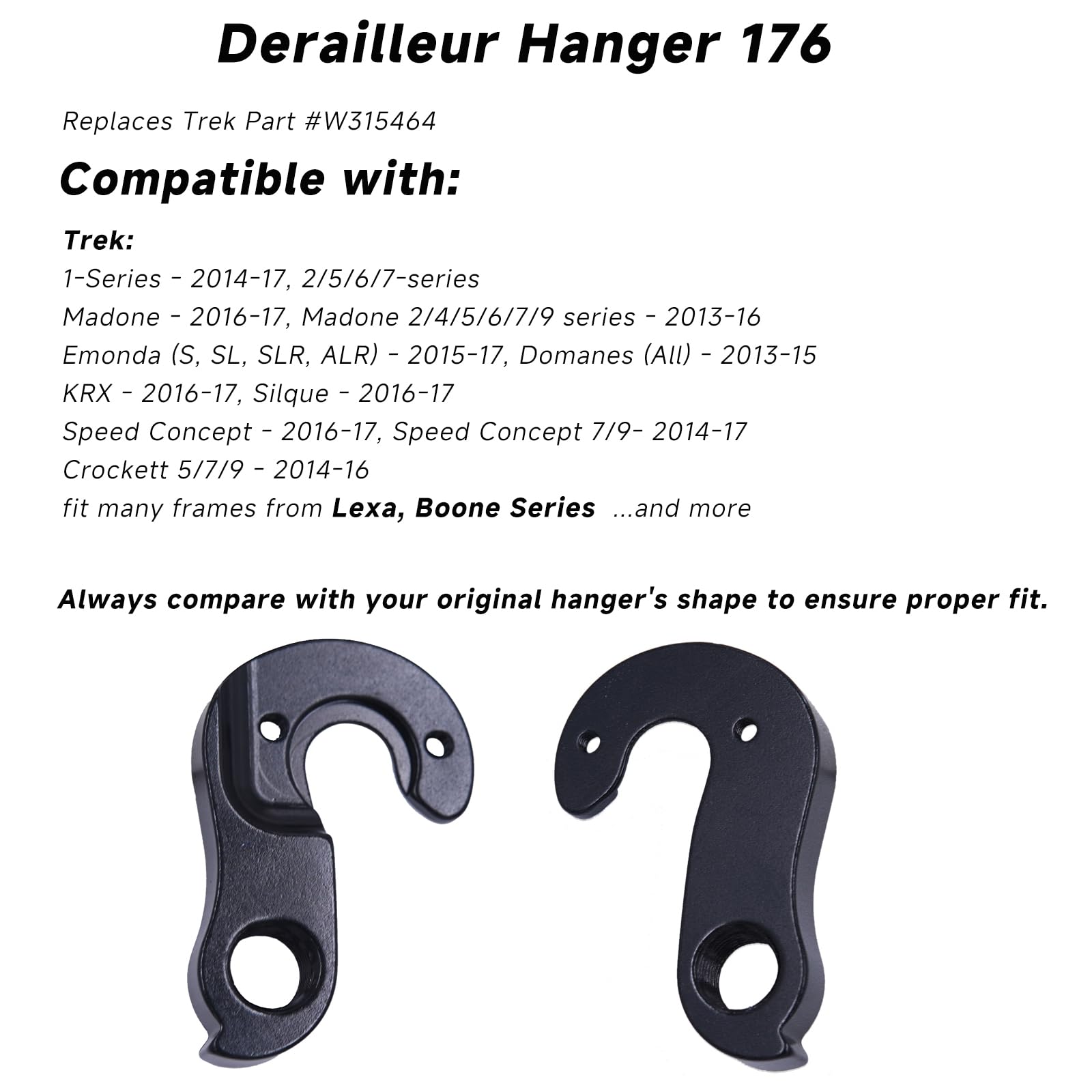 Wieszak przerzutki 176 kompatybilny z Trek Boone, Crockett, Domane, Emonda, Lexa, Speed Concept - odpowiednik Trek Part W315464 i W329400 - czarny stop aluminium ze śrubą