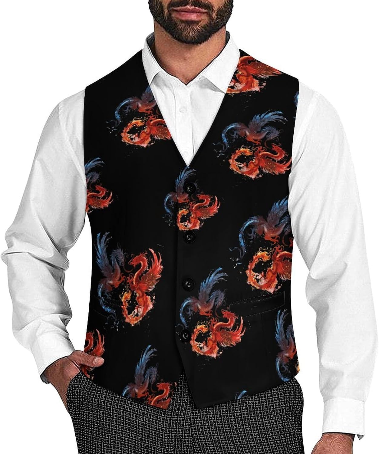 Water And Fire Dragon Men's Suit Vest Formal Vests Casual Dress Fit Waistcoat Casual Tuxedo for Business