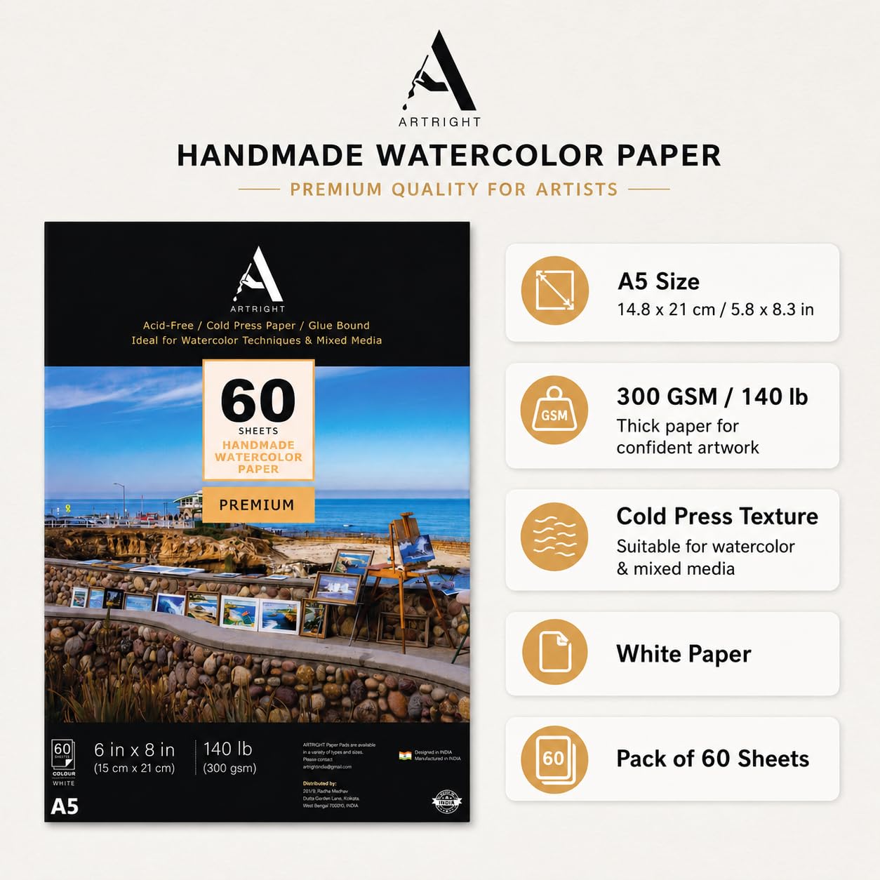 ArtRight Artists Watercolor Paper (A5 Pack of 60 Sheets, 300 GSM); Handmade Watercolour Paper for Artists