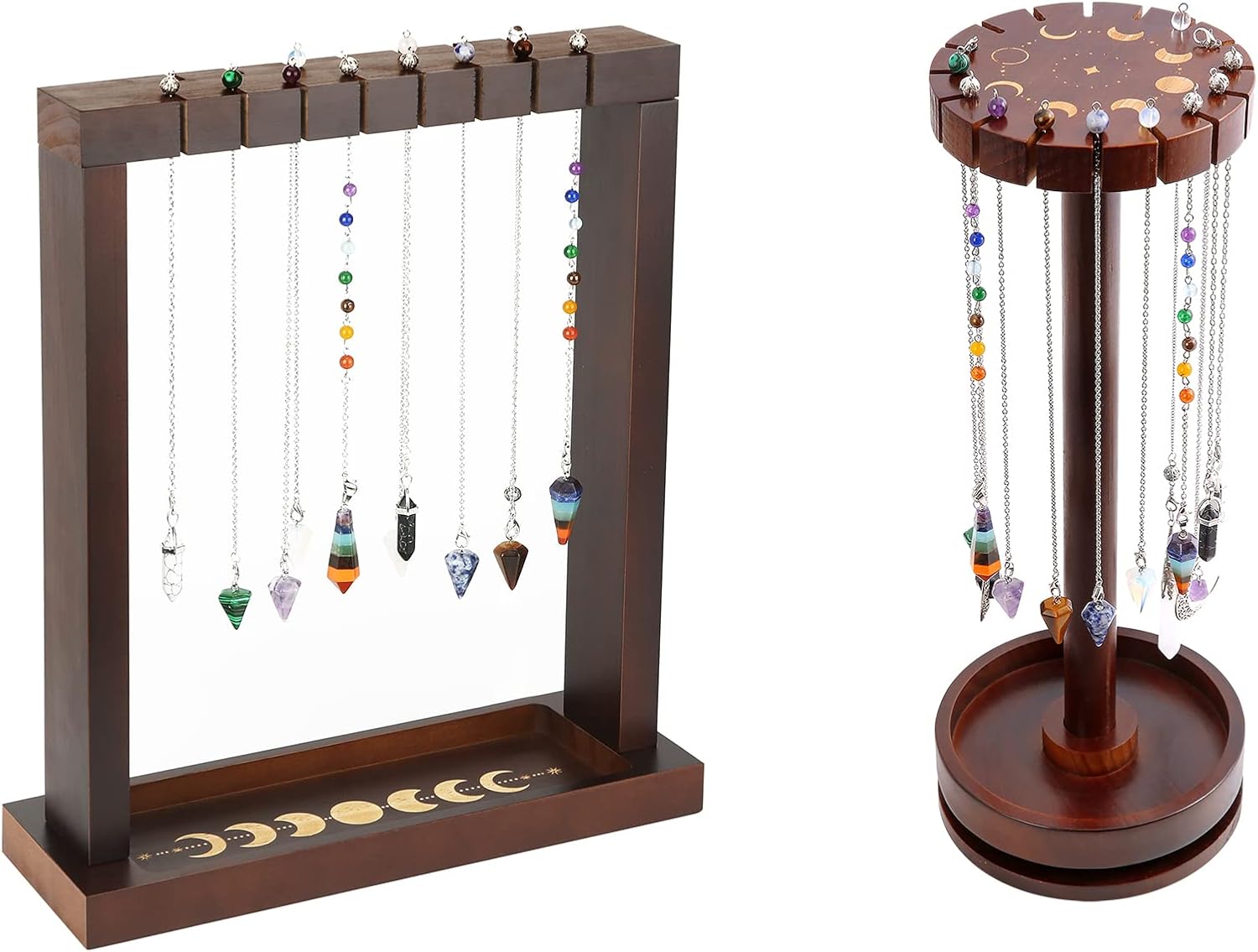Moon Phase Square and Round Pendulum Display Stand with Tray, Wood Wiccan Crystal Holder, Witchcraft Supplies Witch Organizer for Necklace Healing Stone Rack