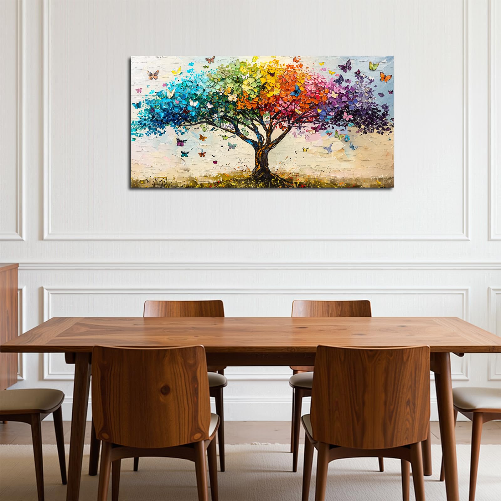 SERIMINO Cuadros Decoracion Arbol de la Vida Modernos Laminas 50x100 cm | Follaje Arcoíris Degradado, Impresión Hd. Bastidor Madera. Montaje Fácil, Multiespacio, Regalo Ideal