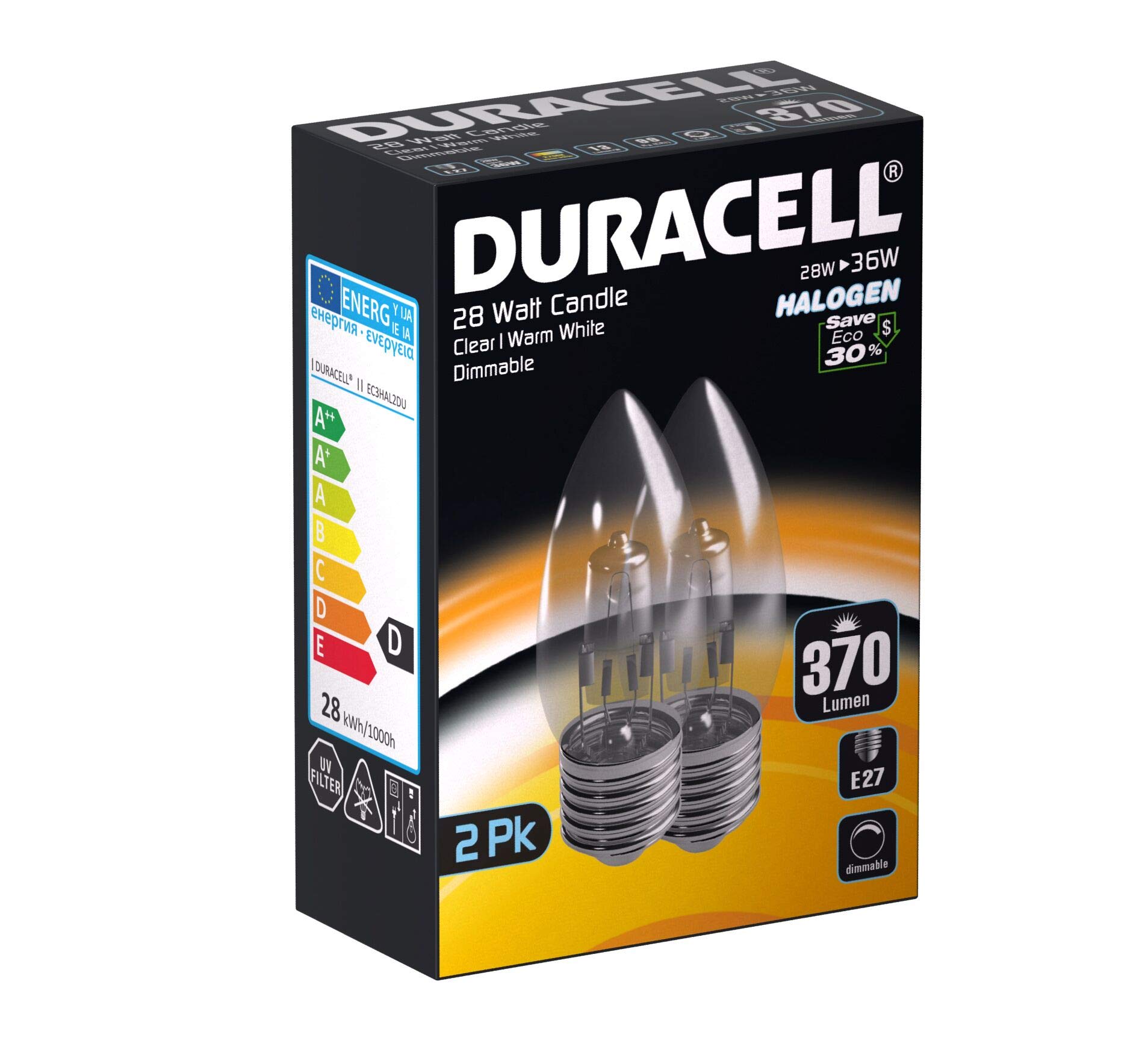 Duracell E27 28W Candle Eco Halogen Dimmable ES Edison Screw Cap Light Bulb, Equivalent to 36W, 370 Lumens (2 Bulbs) - Image 3