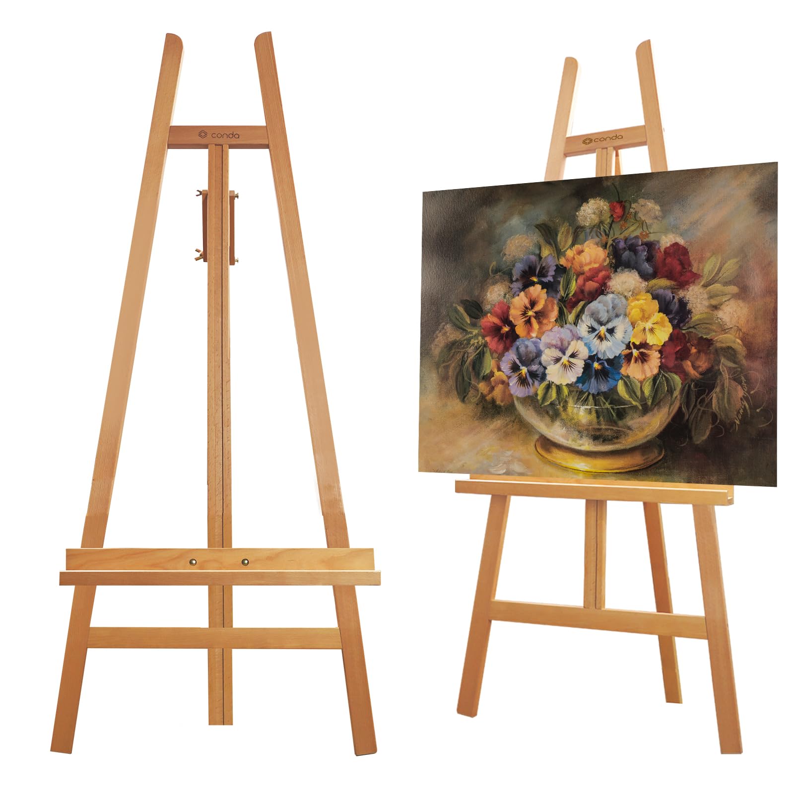 CONDA Caballete de madera ajustable para exhibición, caballete de artista de madera de haya con marco en A, sostiene lienzos de hasta 60 pulgadas, caballete inclinable para exhibición, pintura, dibujo