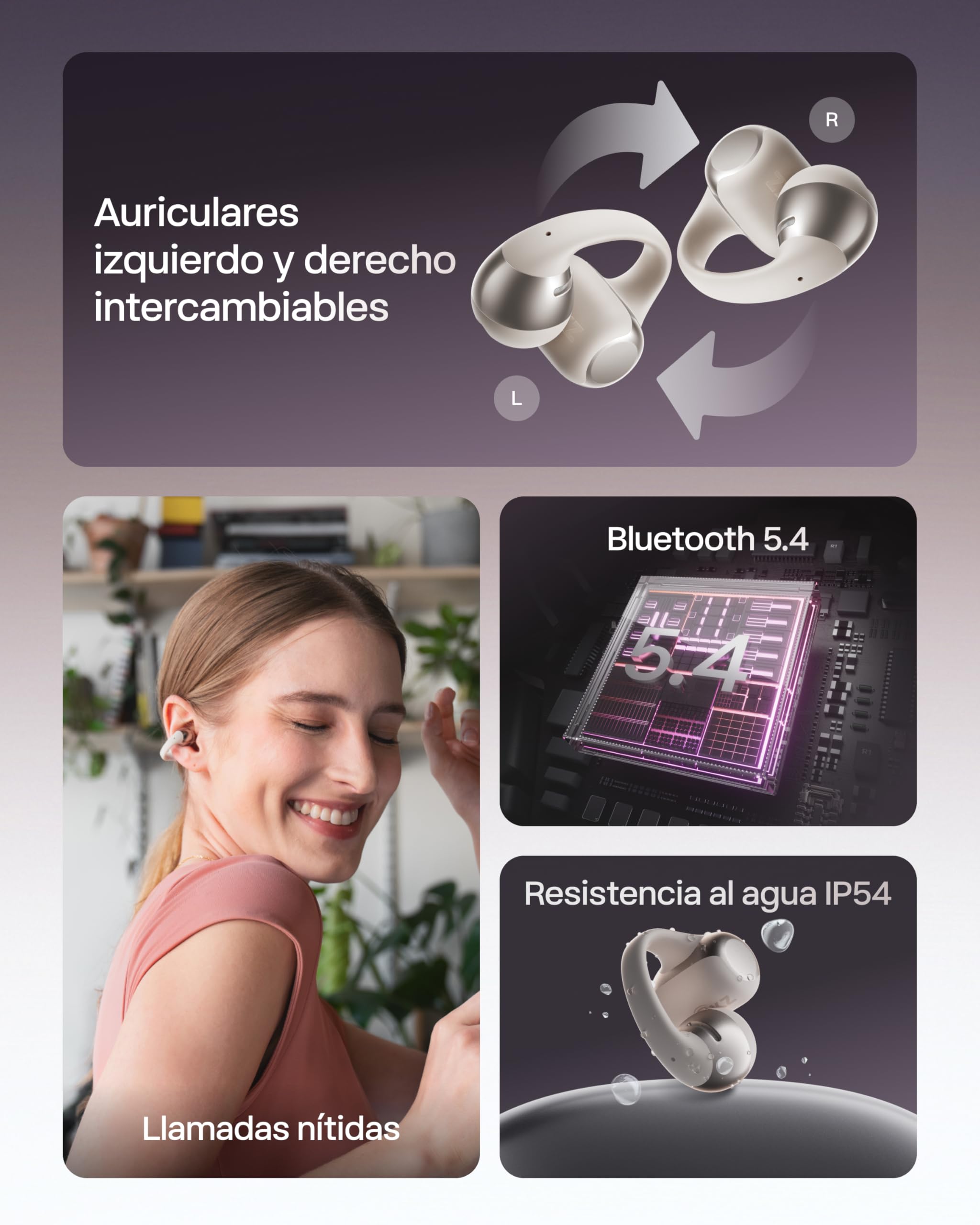 SHOKZ OpenDots One Auriculares Open-Ear Clip-on, Bluetooth 5.4, 6,5g, Gris | Dolby Audio Premium|4 Mics. con Cancelación Ruido|Ligeros 6,5g|40H de Batería|con Paño de Limpieza|Deportivos|Oído Abierto
