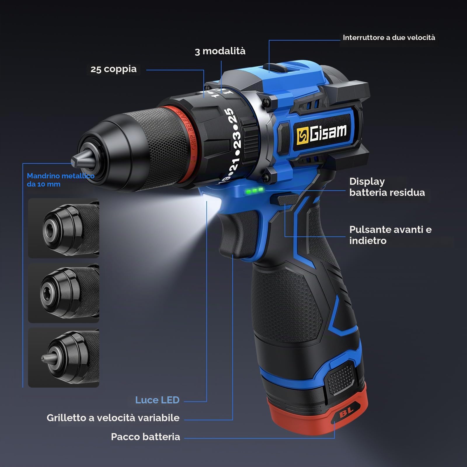 Trapano Avvitatore Batteria, 25+3 Impostazione Coppia, Max 65Nm, 2 Velocità, Avvitatore a Batteria con 2 Batteries 2.0Ah, 28 Accessori, Luce a LED, per Riparazione, Fai da te (blu)