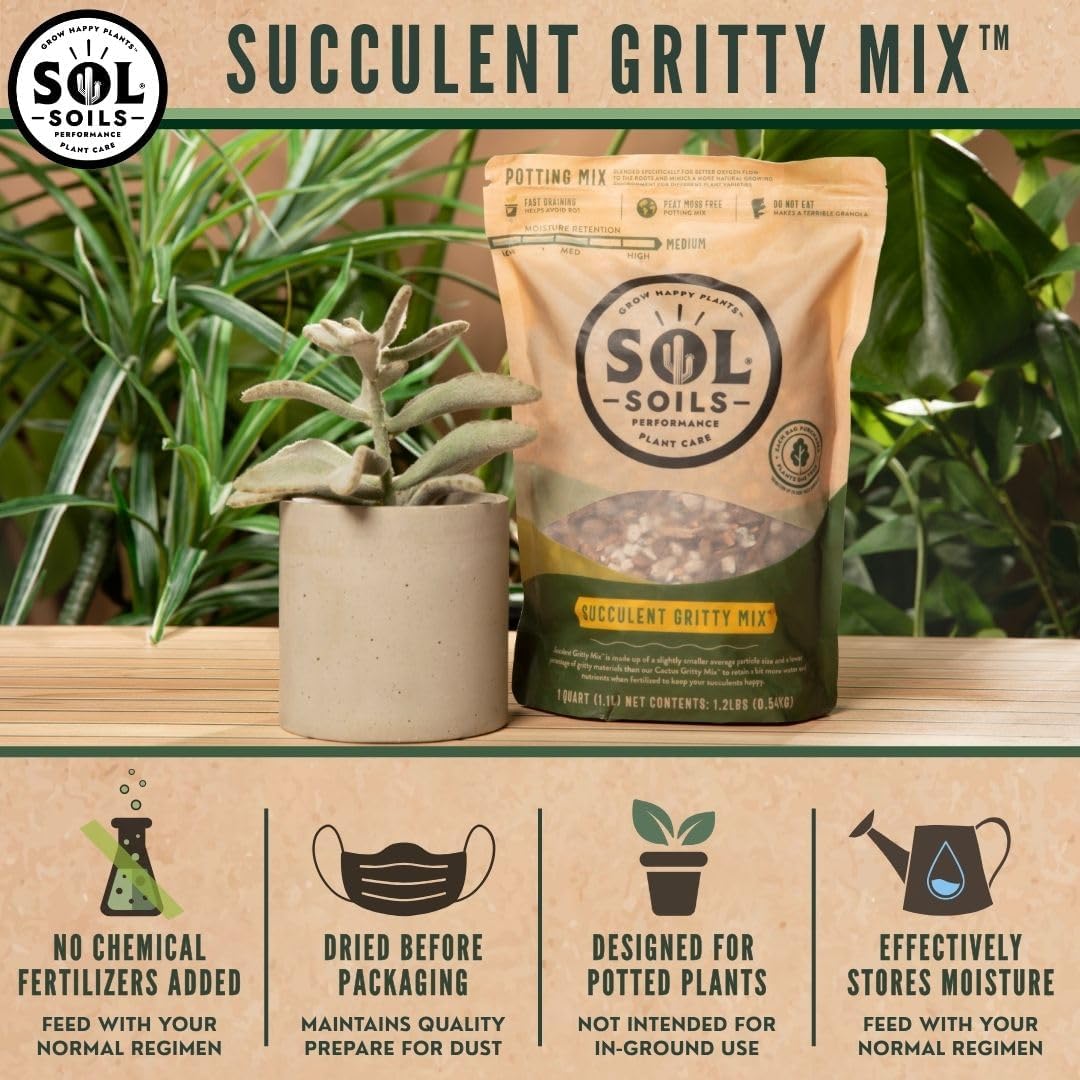 Sol Soils Succulent Gritty Mix - Fast Draining, Peat Moss Free, Perlite - 2 Quarts - Coconut Husk, Pumice