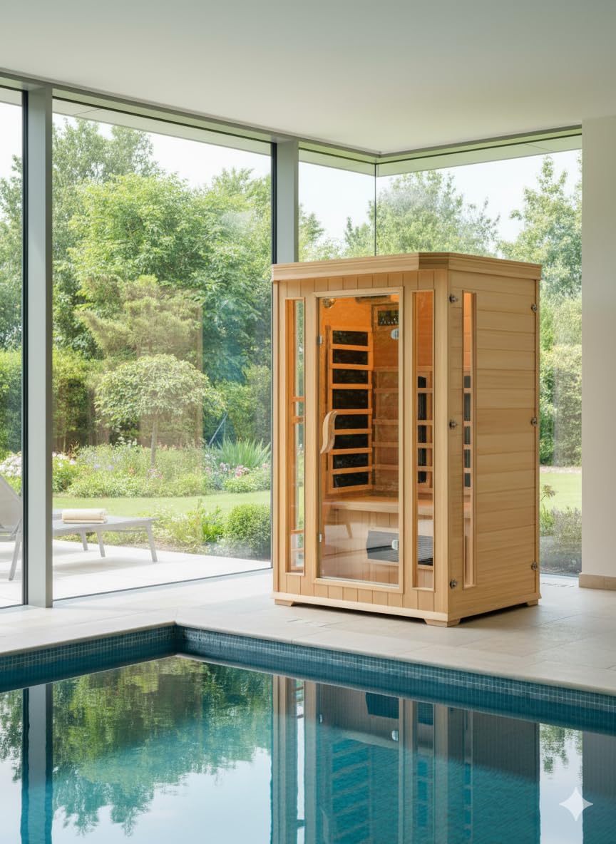 CONCEPT USINE | Sauna a infrarossi di lusso a 2 posti in legno | Calore a secco economico | 5 diffusori a infrarossi | cromoterapia 7 colori | controlli LCD + radio | 1690 W | Compatto e rilassante