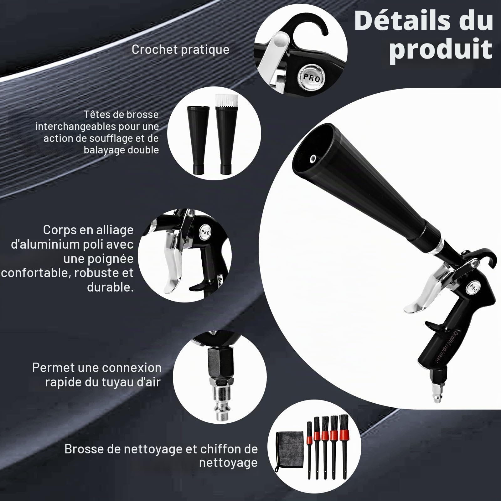 Pistolet de nettoyage de voiture,pistolet de nettoyage à air comprimé, pistolet à air sec,complet avec buse, serviette,brosse et adaptateur de raccordement,pour jantes,sièges,moteurs et autres zones