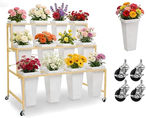 Soporte de exhibición de flores de 3 niveles, soporte móvil de metal para plantas con 12 cubos, carrito de flores con ruedas, adecuado para