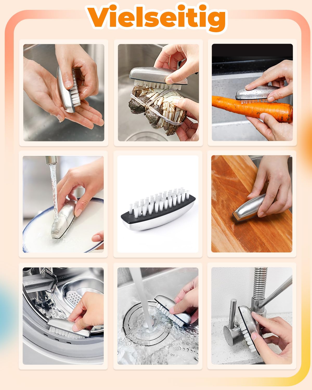 UCEC 4 x spazzole per unghie, in acciaio inox, spazzola per il lavaggio a mano, spazzola per unghie, setole dure e morbide, spazzola per unghie, efficace eliminazione degli odori, spazzola a mano per
