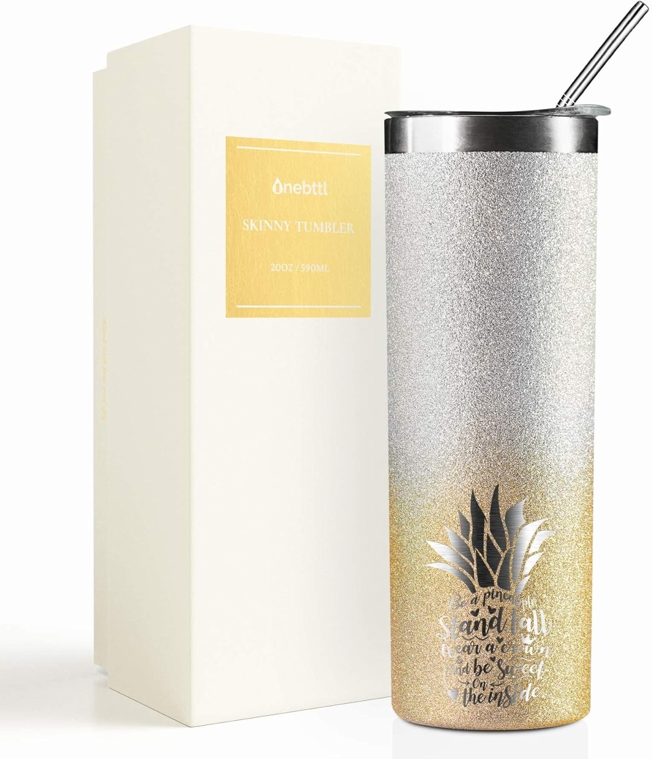 Onebttl Pineapple Glitter Tumbler - Stand Tall, Wear a Crown, Always Be Sweet - 20oz/590ml Stainless Steel Insulated Tumbler - Pineapple Gifts for Women and Lovers - Gold-Silver Gradient