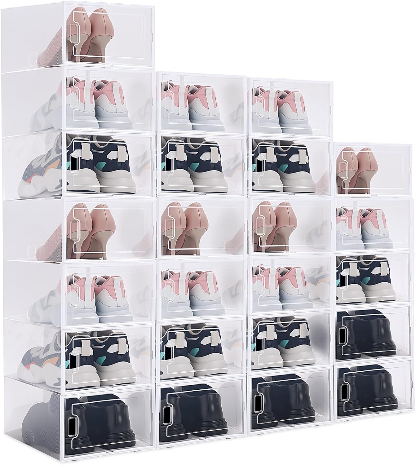 24 Pack Large Shoe Storage Box Fit Size 10 Plastic Closet Clear Shoe Organizer with Lids, Detachable Stackable Connectable Horizontally Vertically Foldable Sneaker Storage Bin for Entryway