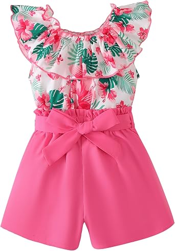 YOURUIKEY Girls Summer Clothes 2 Pieces Outfits for Cute Girls Size 7-14 Hawaiian Ruffle Top and Floral Belt Shorts Set