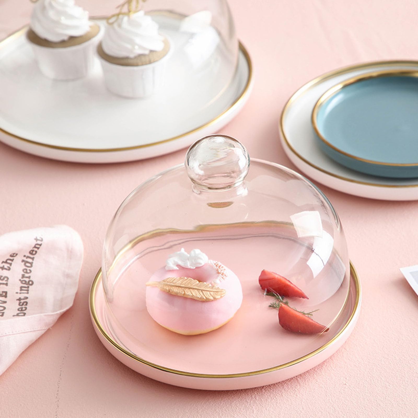 Platos para Comida,Soporte de cerámica Tartas con Cubierta cúpula Cristal,Plato Decorativo Azul postres,Ideal Bodas,Fiestas cumpleaños.