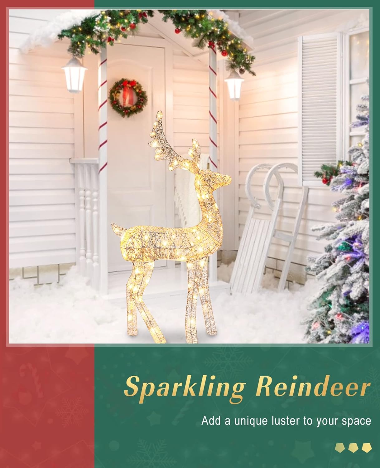 Lewondr Christmas Reindeer Decor Light, 40 in/3.3 FT 100 LED Lights Stand Deer Pattern Plug-in Decorative Light, Xmas Ornament Pre-Lit Buck Deer Lamp for Garden Yard Indoor Outdoor Decoration, Gold : Patio, Lawn & Garden