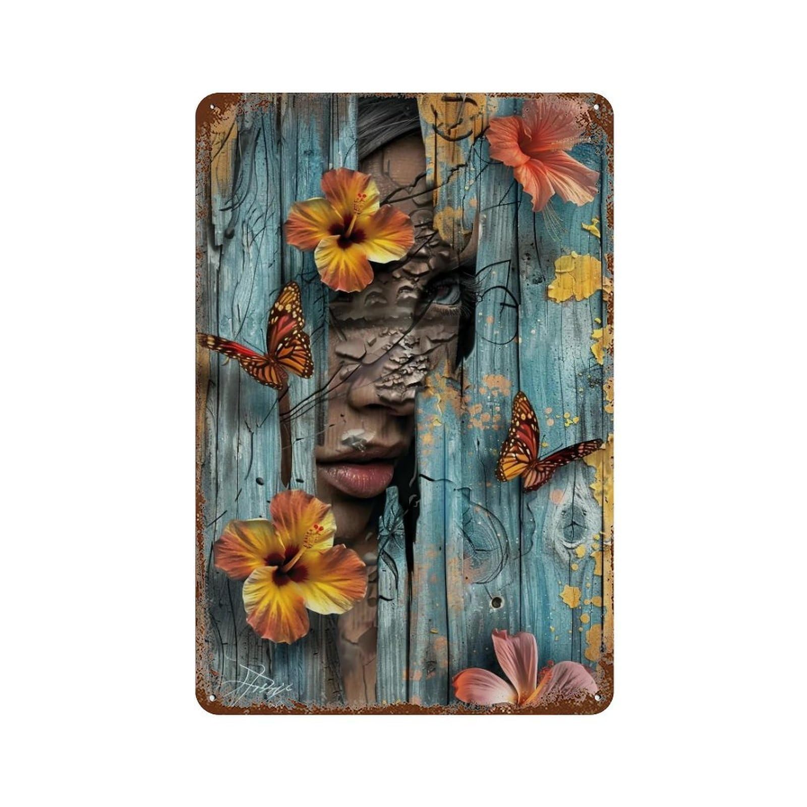 YHGERTKU Floral Wood Face 01 Wall Retro Iron Vintage Art Metal Tin Sign Poster Modern Decor for Living Rooms 30x20cm