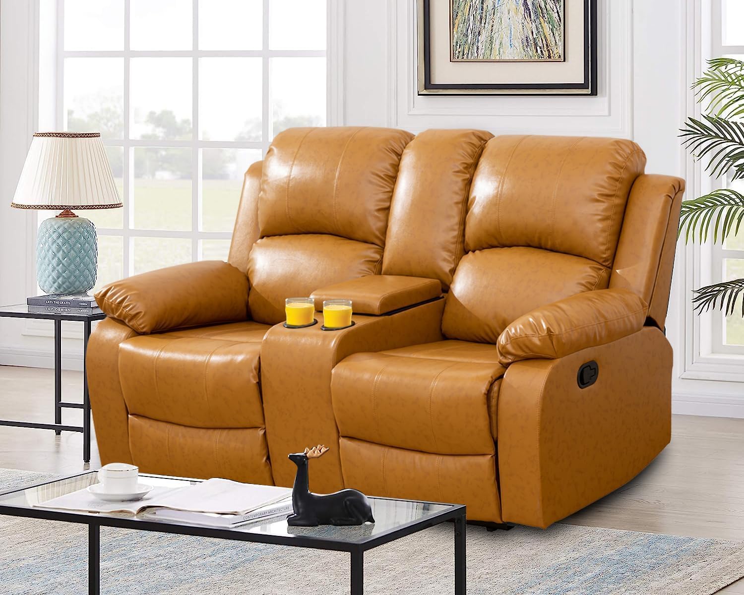 2 Piece Recliner Sofa Set for Living Room, Bonded Leather Sofa and Loveseat Set, Manual Reclining Couch and Loveseat with Drop Down Table and Storage Console (Ginger)