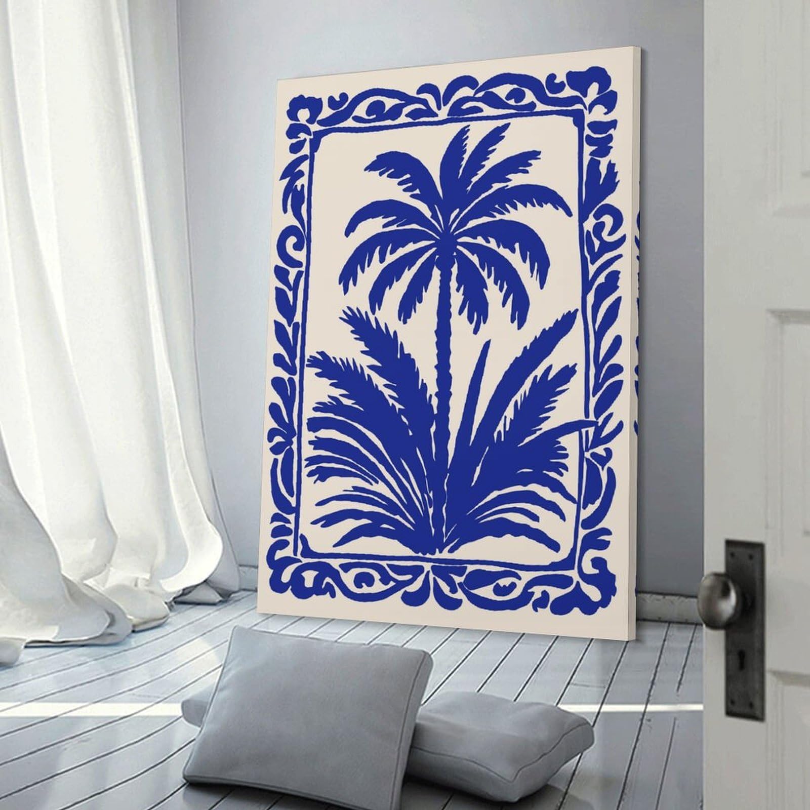 Junmoney Decorative Canvas Print Blue Palm Tree Art Print, 20x30inch(50x75cm), for New Homes, Bedrooms Or Workspaces, A Wall Art Gift for Fresh Interiors