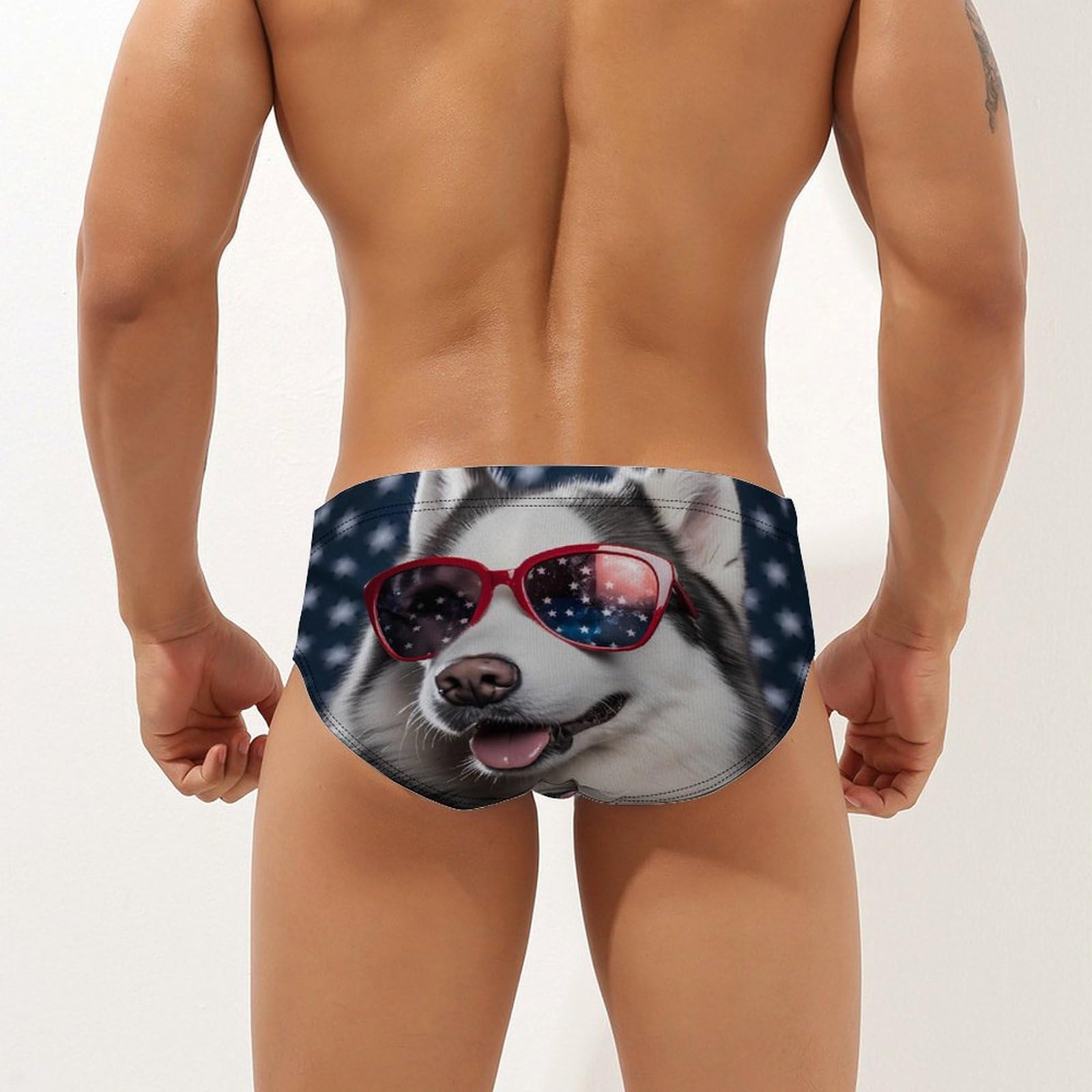 Husky Dog USA Flag Mens Swim Briefs Quick Dry Swim Trunk Bikini Underwear Swimsuit M