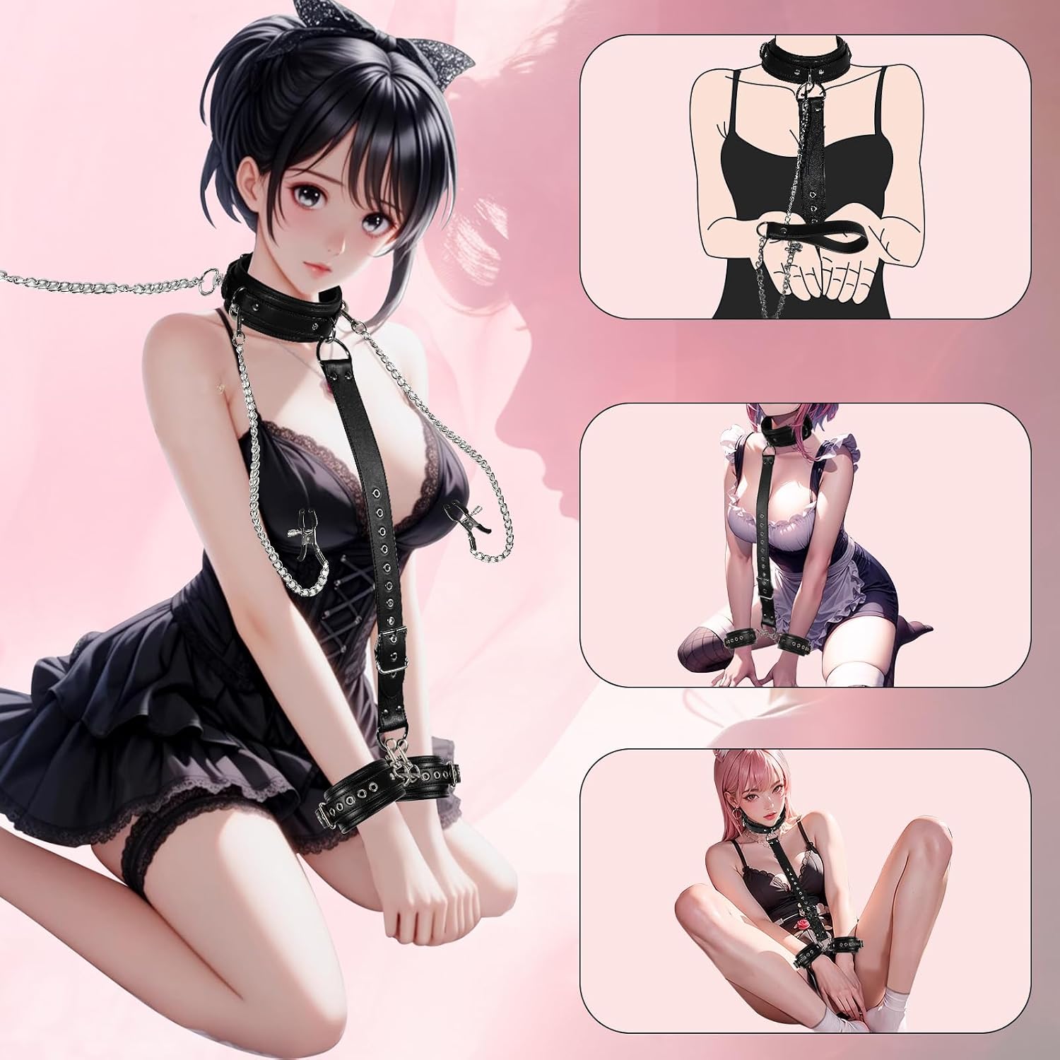 BDSM Sex Bondage Restraints Set Couples Harness Sex Toys, Adjustable Neck to Wrist Restraints Kit with Traction Chain Back, Sex Handcuffs Collar, Nipple Clamp, Neck Collar, Traction Chain 4 in-1