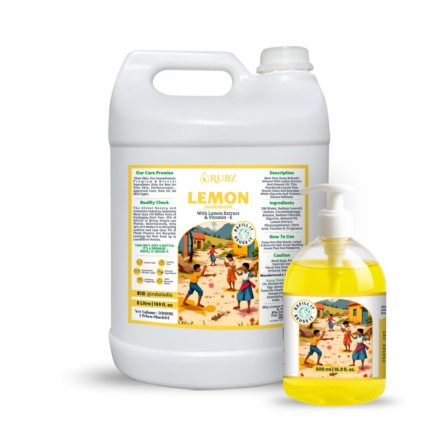 Rubz Lemon Hand Wash For Fresh, Clean Hands | With Natural Lemon Extract | Paraben Free Liquid Gel | Perfect Daily Use For Perfect For Men, Women & Kids | Refill Pack 5 Litre With 500ml Bottle-image-31