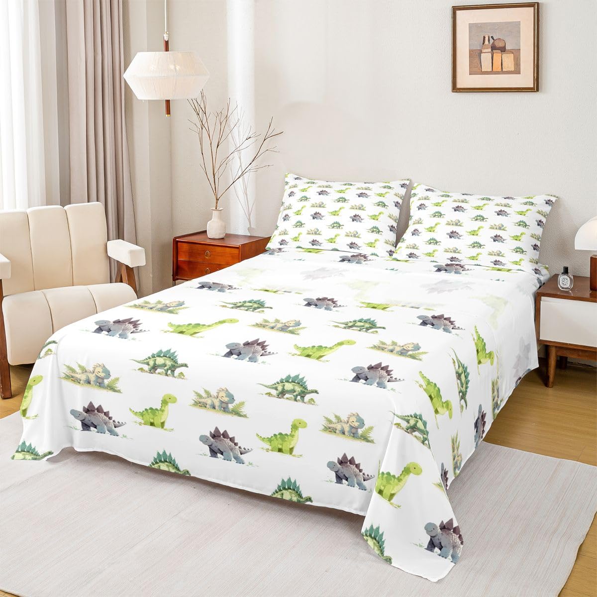 Homewish Zestaw pościeli z dinozaurem podwójny uroczy dżungla zwierzę kreskówka prześcieradła kawaii myśliwski dinozaur zestaw prześcieradeł - nowoczesna natura dinozaury dopasowane górne