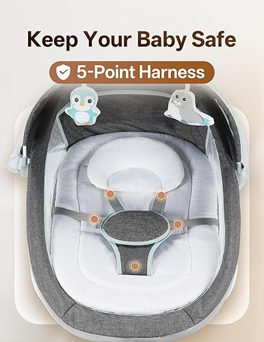 Miniatura 4 de Columpio eléctrico para bebés y niños pequeños, balancín portátil con arnés de 5 puntos, 5 velocidades de balanceo, Bluetooth, 12 canciones de cuna