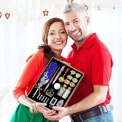 Miniatura 7 de NC Juego de tinta de plumas, juego de sellos de cera con diario de piel sintética y bolígrafo, 7 cabezales de sellos, 2 botellas de cuentas de cera,