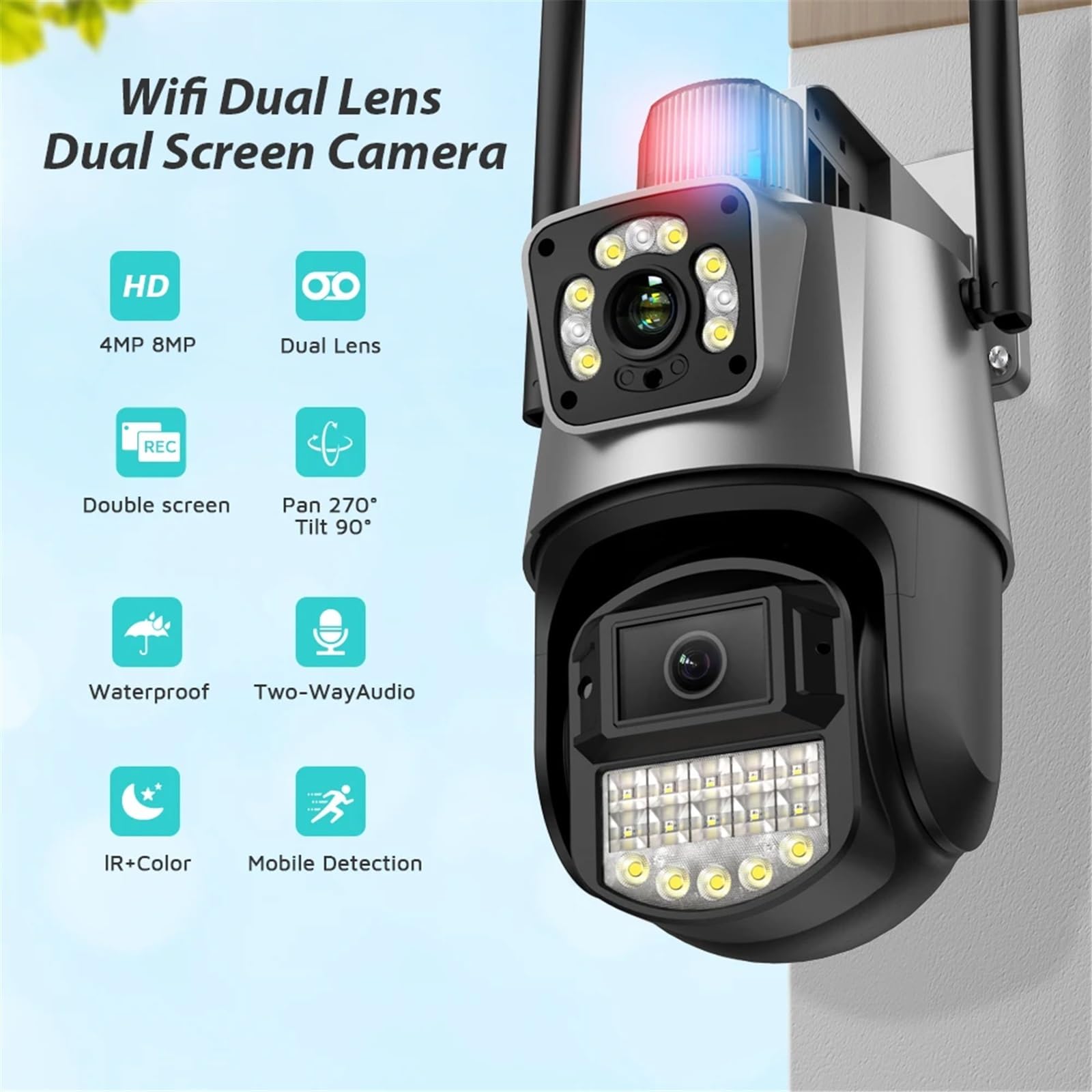 Kamera IP 4MP 4K z podwójnym obiektywem, podwójnym ekranem, kolorową wizją nocną, automatycznym śledzeniem PTZ, Wi-Fi, wodoodporną kamerą CCTV Wszechstronny montaż(4MP NO SD Card)