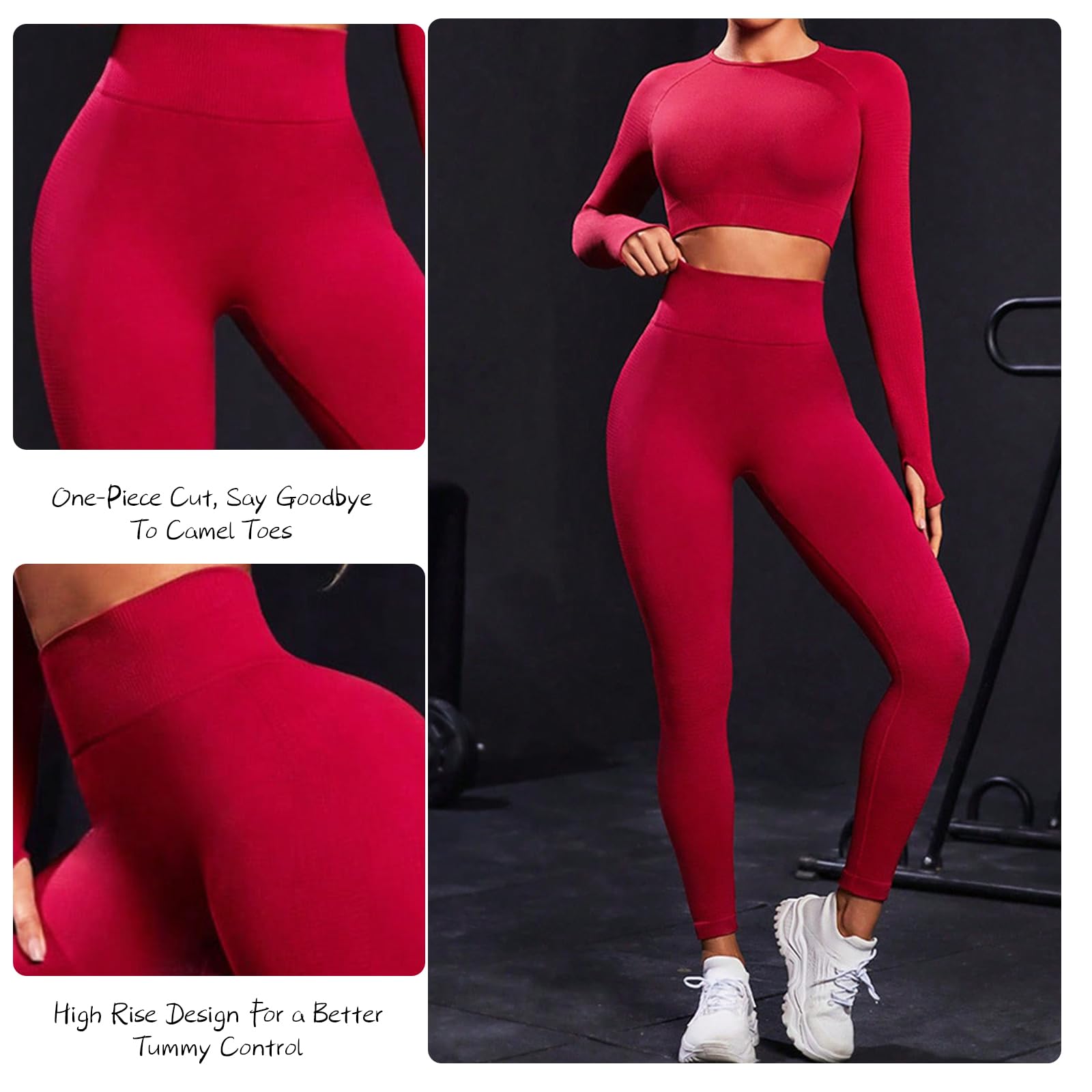 Conjunto Deportivo Mujer Conjunto de Entrenamiento de 2 Piezas Elásticos Leggings de Alta Cintura Top Deportivo de Mangas Largas Conjuntos de Ropa para Yoga Pilates