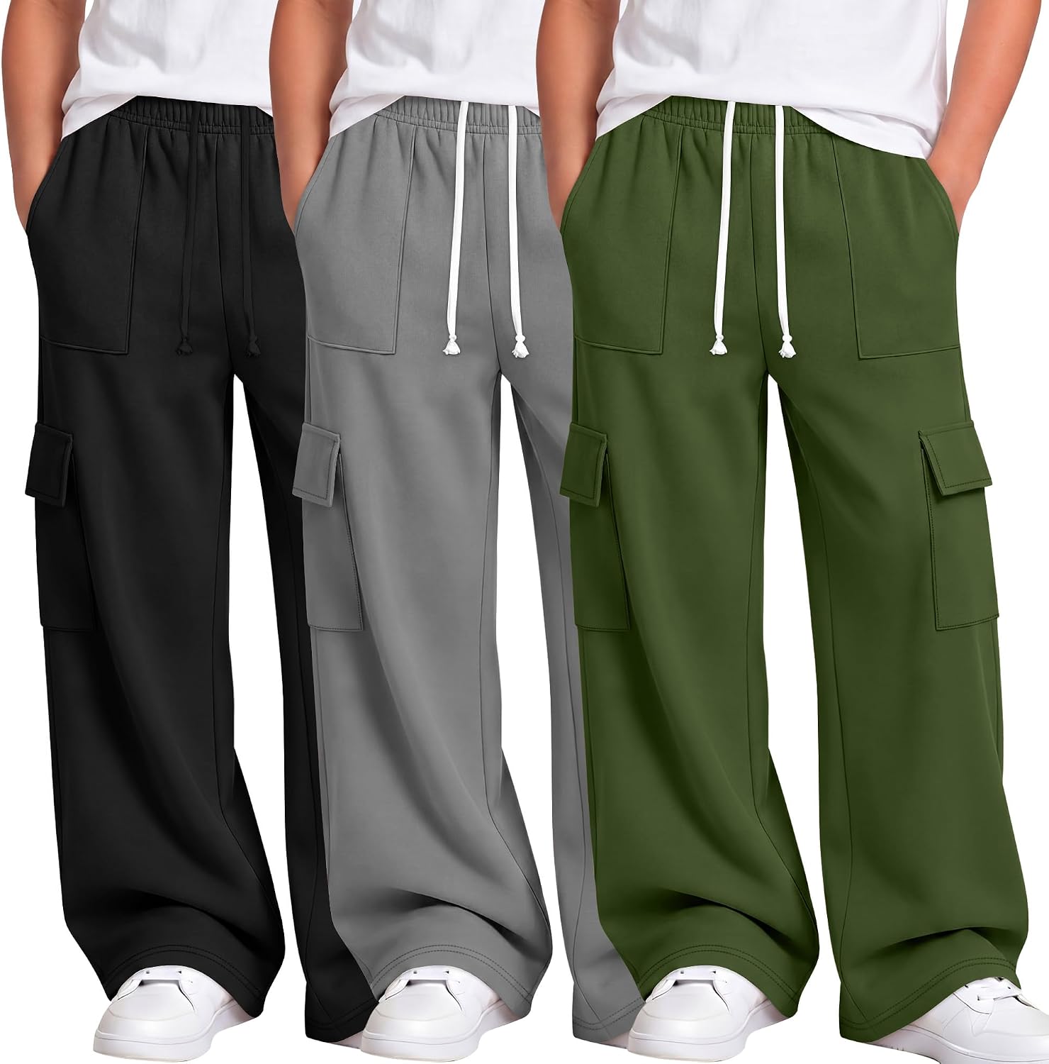 3 Pack Boys Baggy Sweatpants Casual Wide Leg Cargo Pants with Pockets Drawstring Elastic Joggers for Kid 6-16 Years