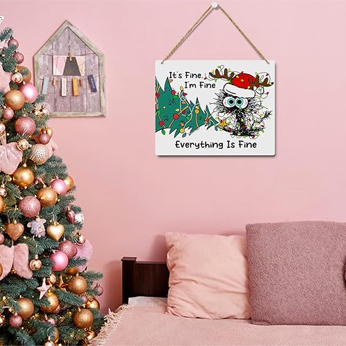 Miniatura 3 de Cartel colgante de madera con diseño de gato negro para decoración de pared de árbol de Navidad, decoración de pared con texto en inglés Everying Is