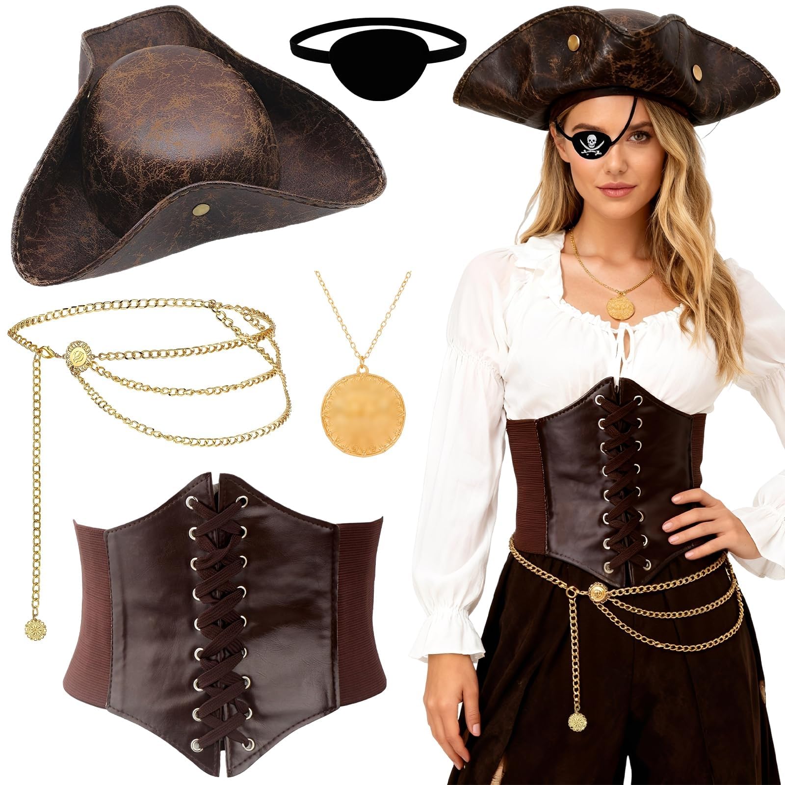 Kyndara 5Pcs Women’s Pirate Costume Accessories Set, Pirate Role Play Outfit Kit with Faux Leather Hat Eye Patch Waistband Necklace Waist Chain for Adult Halloween Cosplay Party Stage Performance