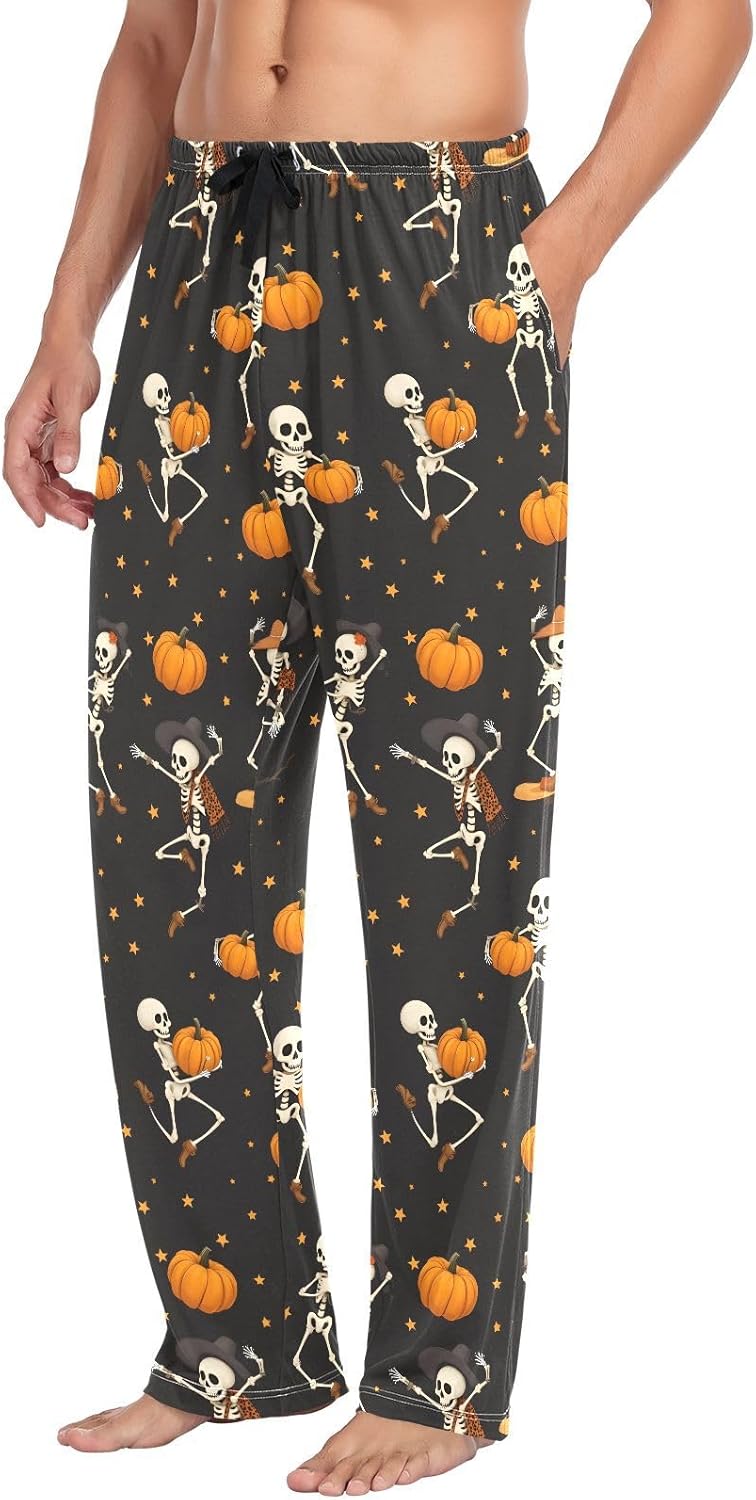ALAZA Skull Pumpkin Star Pattern Men's Pajama Pants Men Cotton Pajama Bottoms with Pockets, S