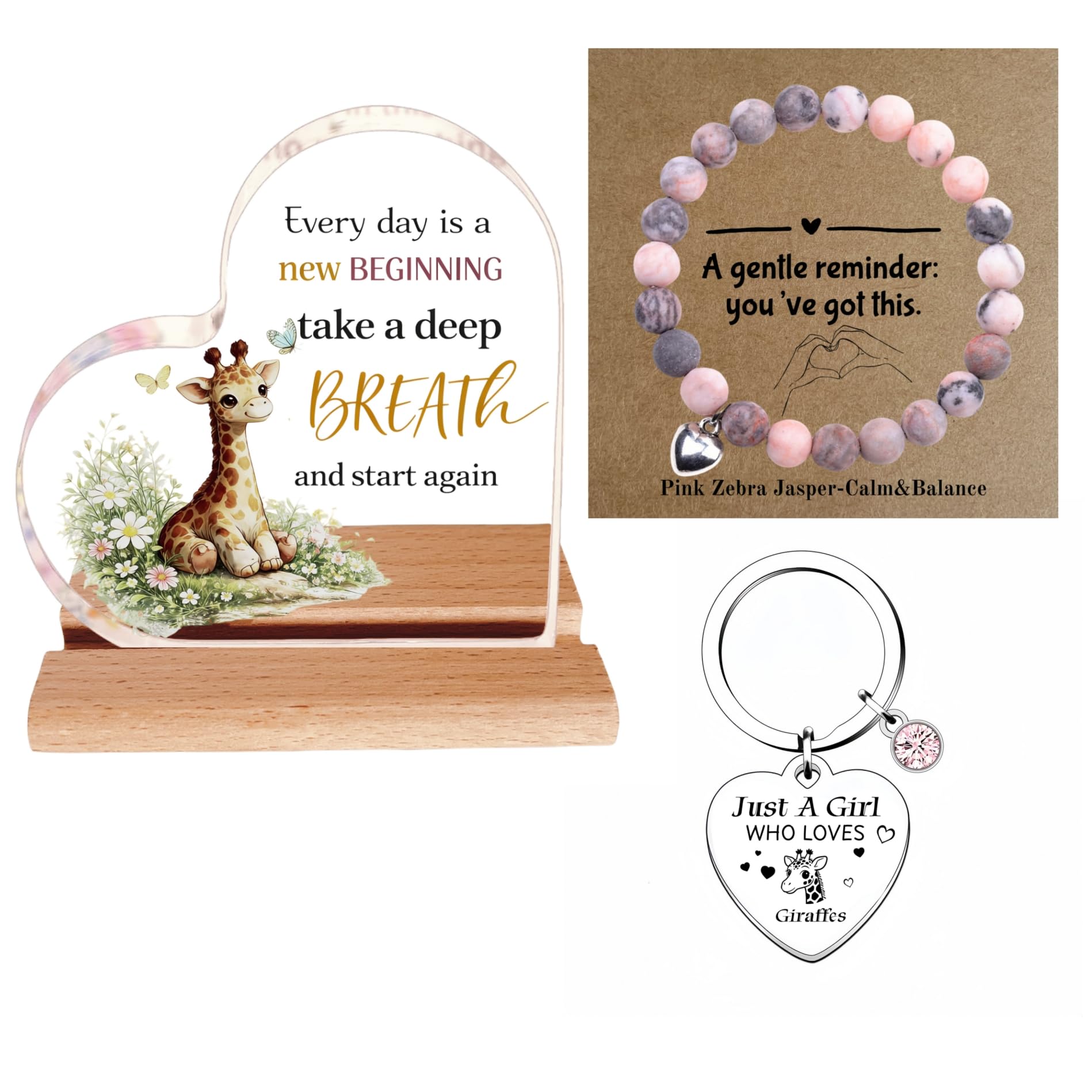 Veridigift Women's Giraffes Inspirational Giraffe Gift Set For - Pink Zebra Jasper Healing Bracelet, Acrylic Heart Desk Plaque & Keychain - Stress Relief & Encouragement Gifts For Friends, Coworkers, Mum (Giraffes)