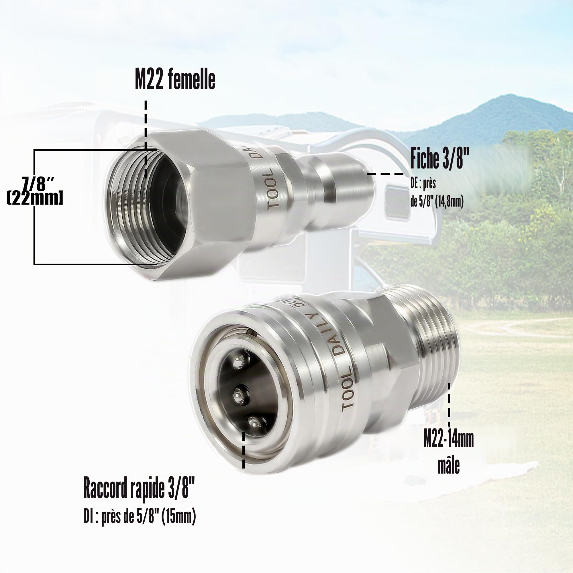 Tool Daily Jeu d'Adaptateurs pour Nettoyeur Haute Pression avec Pivotant, M22 14 mm vers Raccord Rapide 3/8", Acier Inoxydable à Déconnexion Rapide pour Tuyau, 350 Bar (5000 PSI)