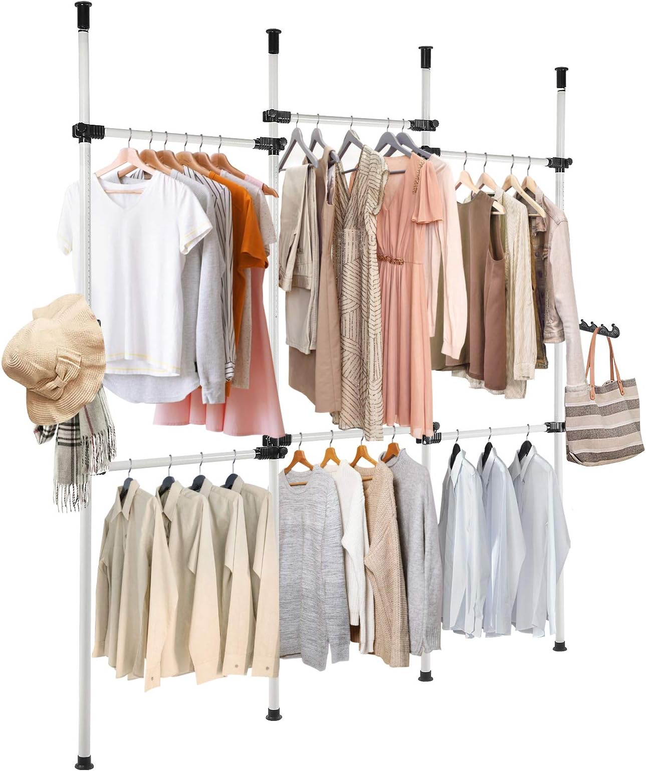 Telescopic Wardrobe Organizer, 4 Poles 6 Bars Heavy Duty Wardrobe Organiser Garment Rack Clothes Hanging Rail Storage Shelves, Adjustable Height 240 – 320cm, 2Pcs Free Reach Hook Included