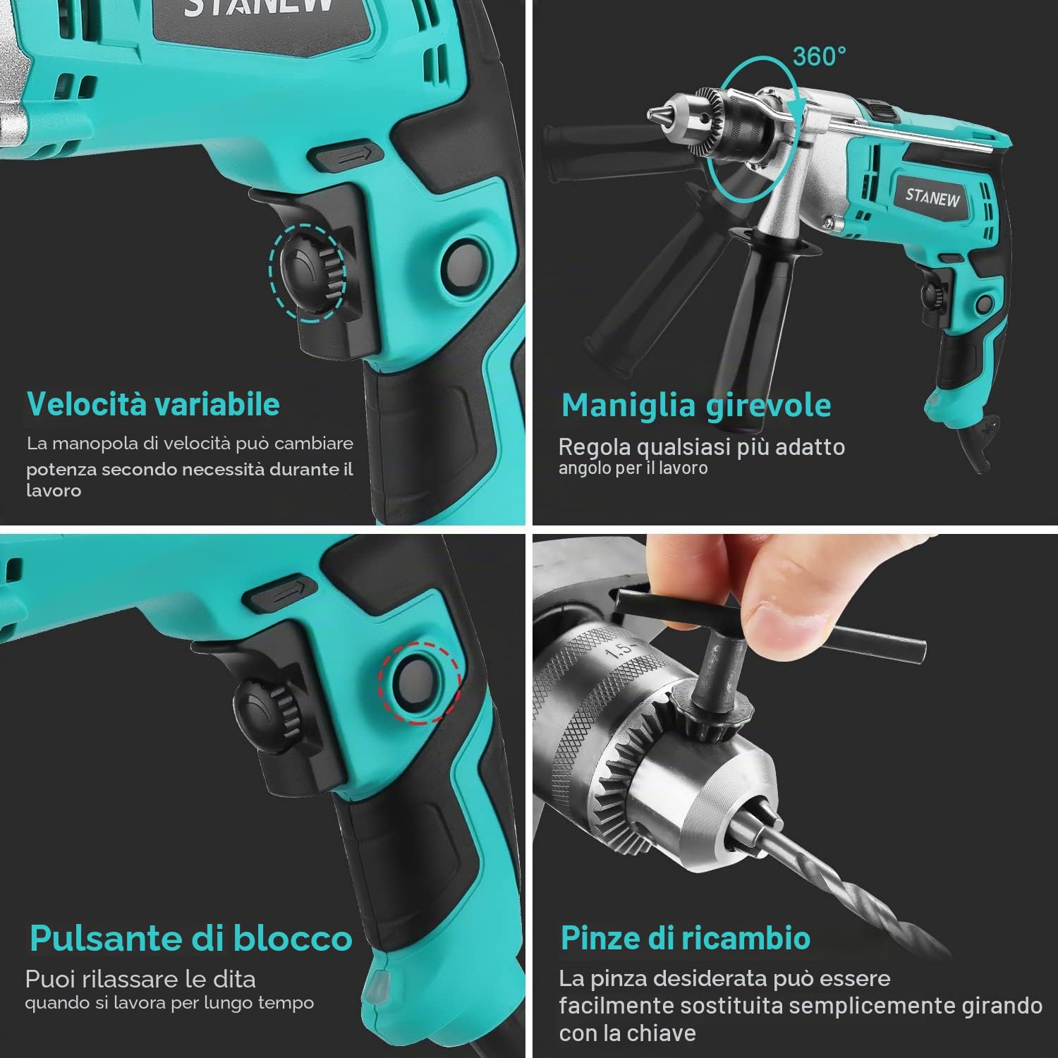 Trapano a percussione a batteria da 850 Watt, impugnatura girevole a 360° STANEW, pinza di serraggio 0-13 mm, per legno e acciaio