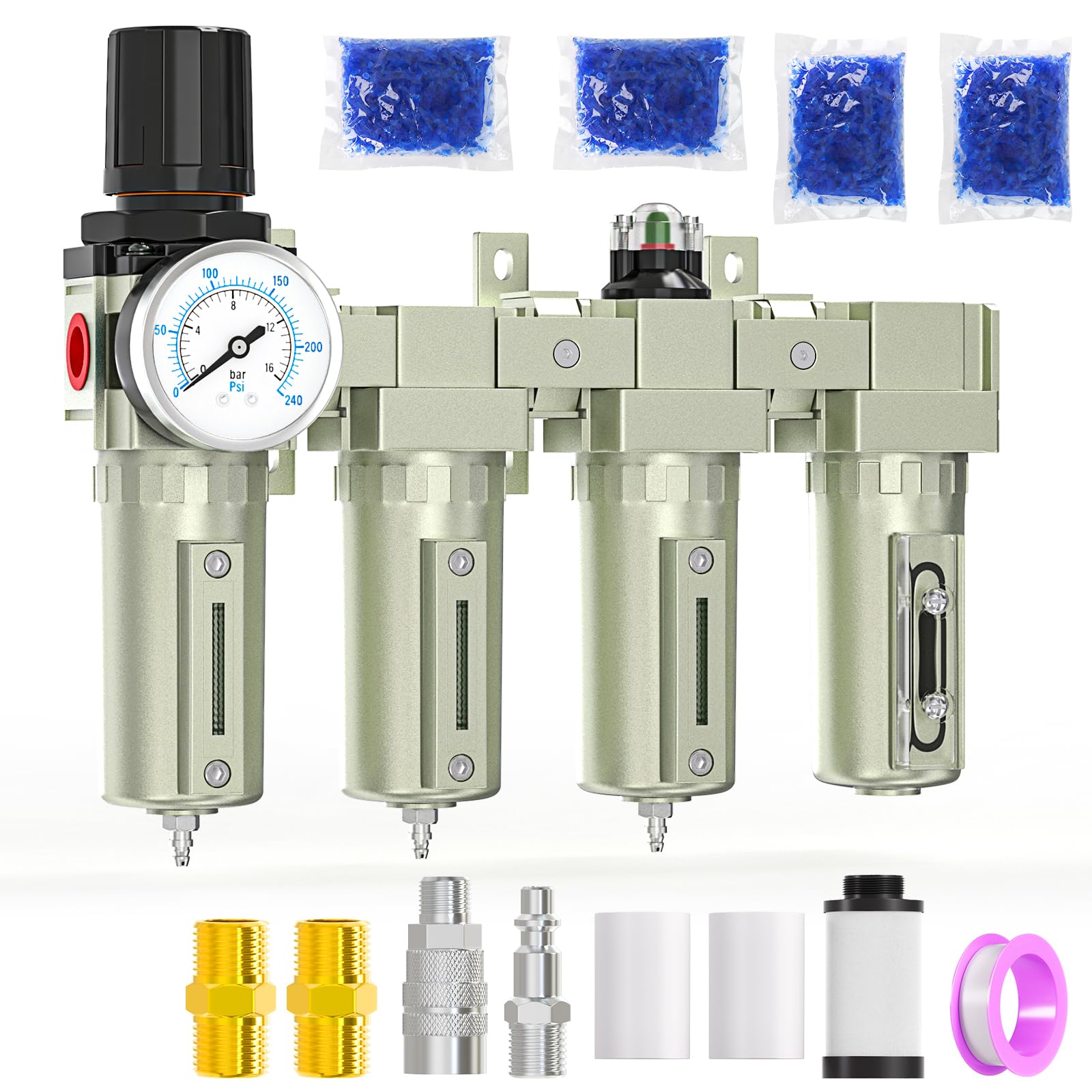 1/2" NPT Heavy Duty Industrial Grade 4 Stage Air Drying System,Coalescing Filter,Double Particulate Filter,Desiccant Dryer and Air Regulator,Manual Drain,For Plasma Cutter and Paint Spray
