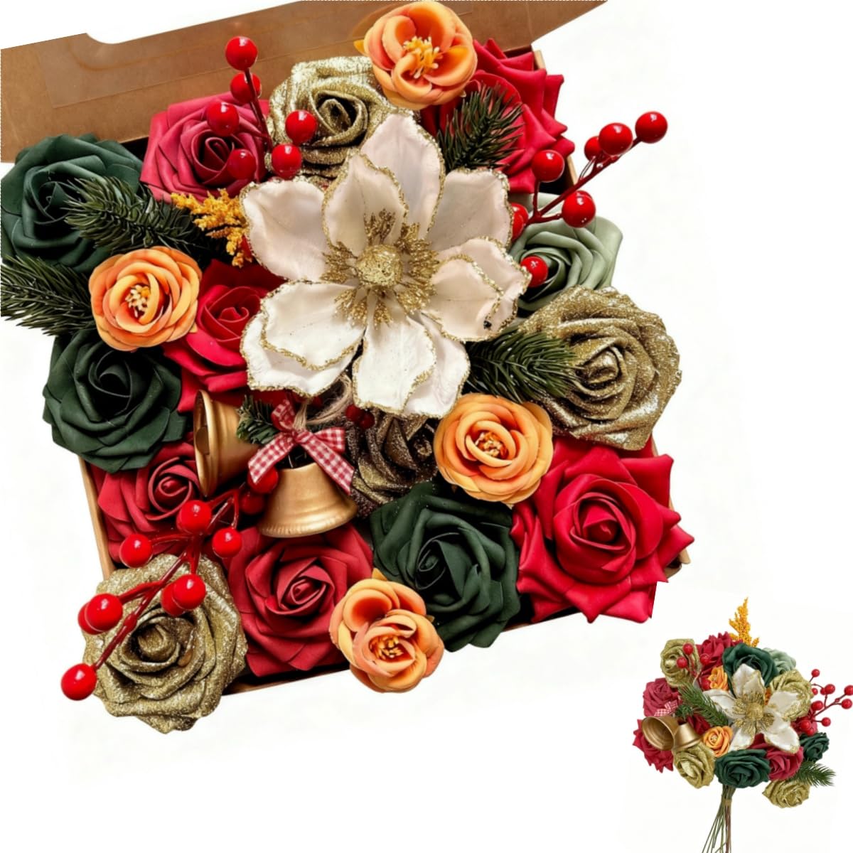 Künstliche Weihnachtsblumen-Box, Rosen, Weihnachtssterne, Stechpalme, künstliche Seidenblume für Heimwerker, Tischdekoration, Weihnachtsbaumschmuck, Weihnachtskranz, Urlaub, Zuhause, Party-Dekoration