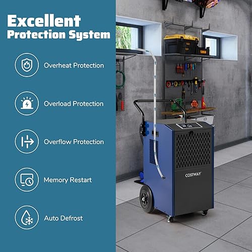 Miniatura 8 de COSTWAY Deshumidificador comercial de 154 pintas con bomba, deshumidificador grande industrial portátil de alta resistencia con mangueras de drenaje