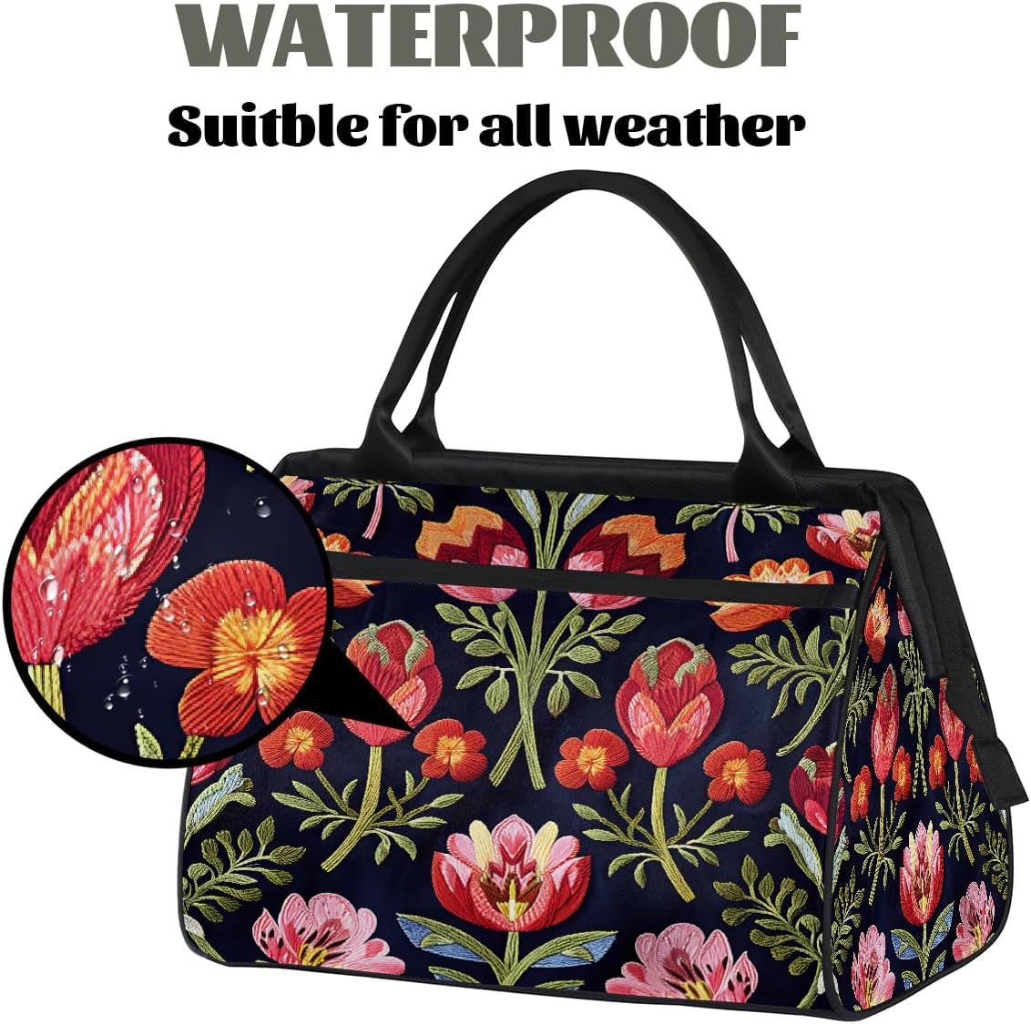 Small Weekender Bag for Women Flower Floral Red Foldie Gym Duffle Bags Canvas Compact Workout Bags Carry On Tote Bag Sport Travel Overnight Sleepover Hospital for Traveling Luggage