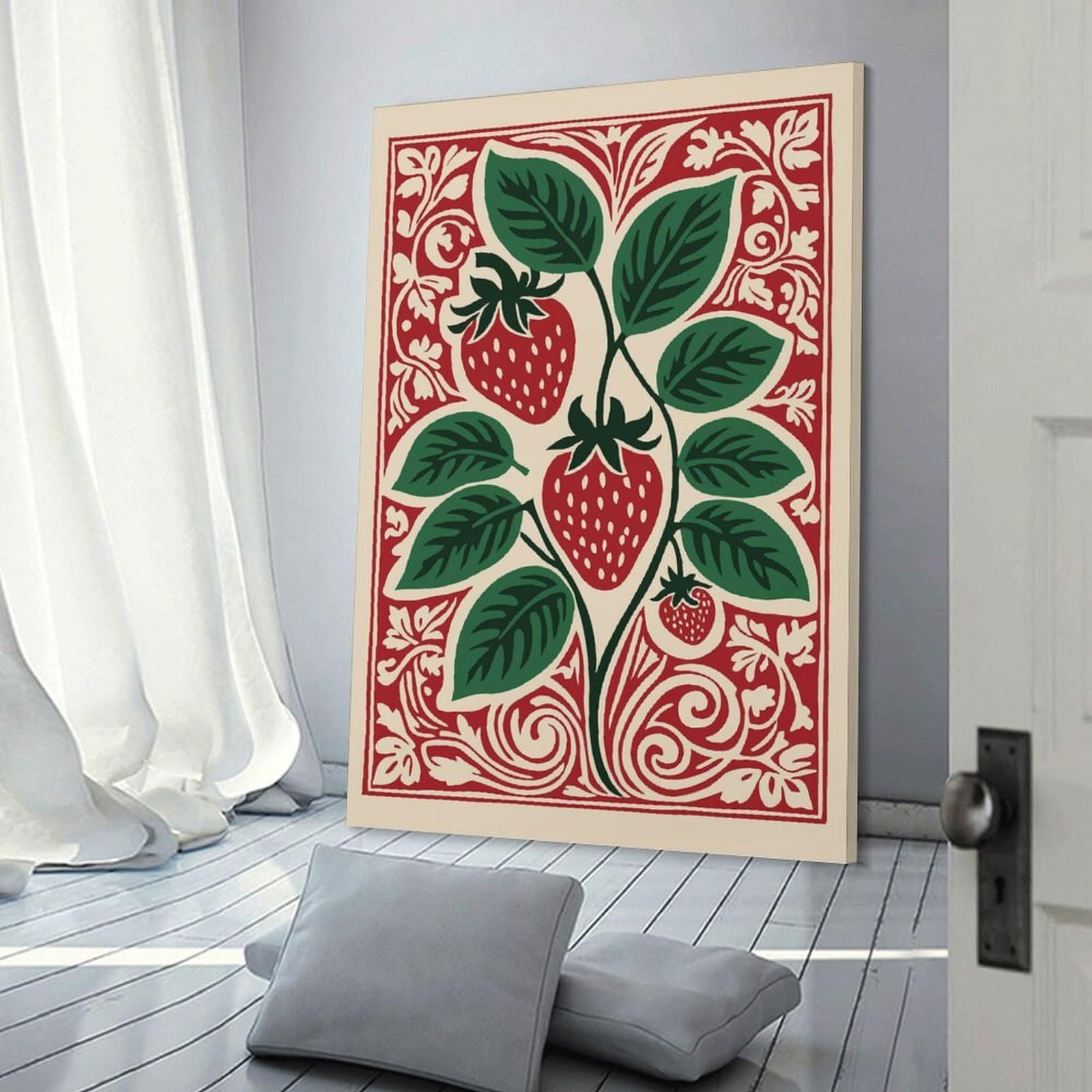 Junmoney Canvas Wall Picture Strawberry Plant Illustration with Decorative Border, 12x18inch(30x45cm), for Front Hall, Corridor Or Welcome Spaces, Decorative Wall Art for Narrow Spaces
