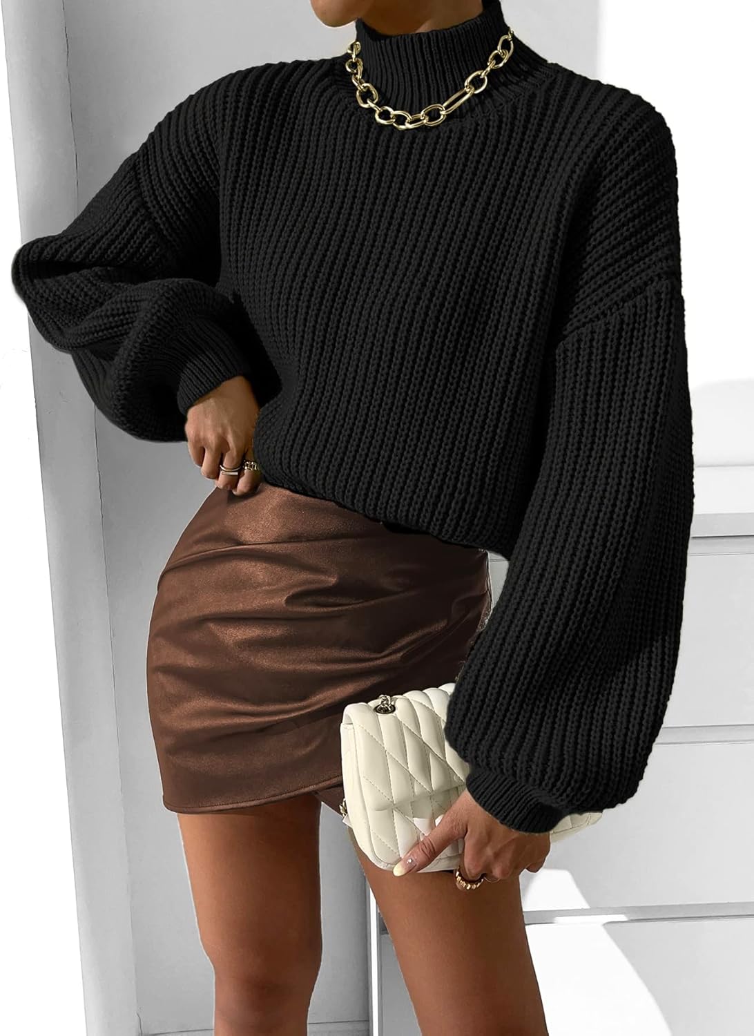 Women's Sweater Mock Neck Drop Shoulder Sweater Sweater for Women (Color : Black, Size : Medium)