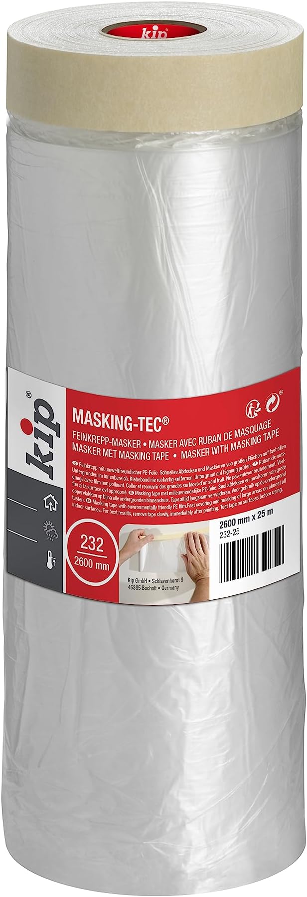 Kip Drop Cloths Pre-Taped Painters Masking Film 2600mm x 25m, Masker Masking Tape with Plastic Sheet, Drape for Spraying, Covering, Suitable for Decorating, Automotive, Windows Dust & Paint Protection
