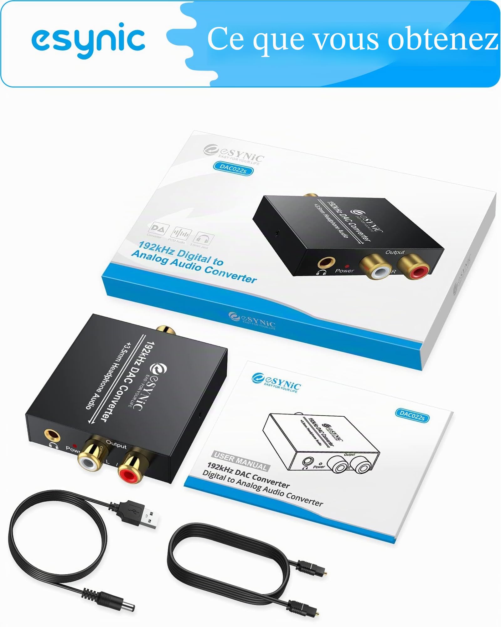eSynic DAC convertisseur audio numérique vers analogique RCA L/R 3,5 mm câble optique PS3 Xbox 360 HDTV