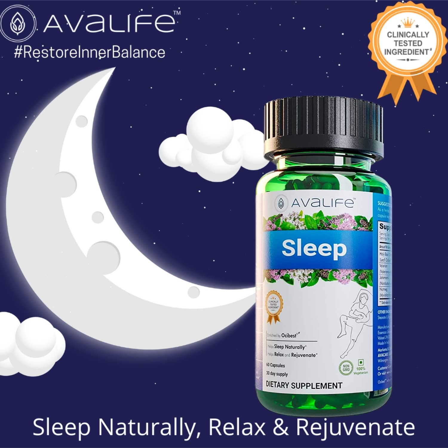 Avalife Sleep - Herbal Sleep Aid (60 Capsules) Natural Sleep Support with Valerian Root - No Melatonin | Gluten-Free, Vegetarian, Non-GMO