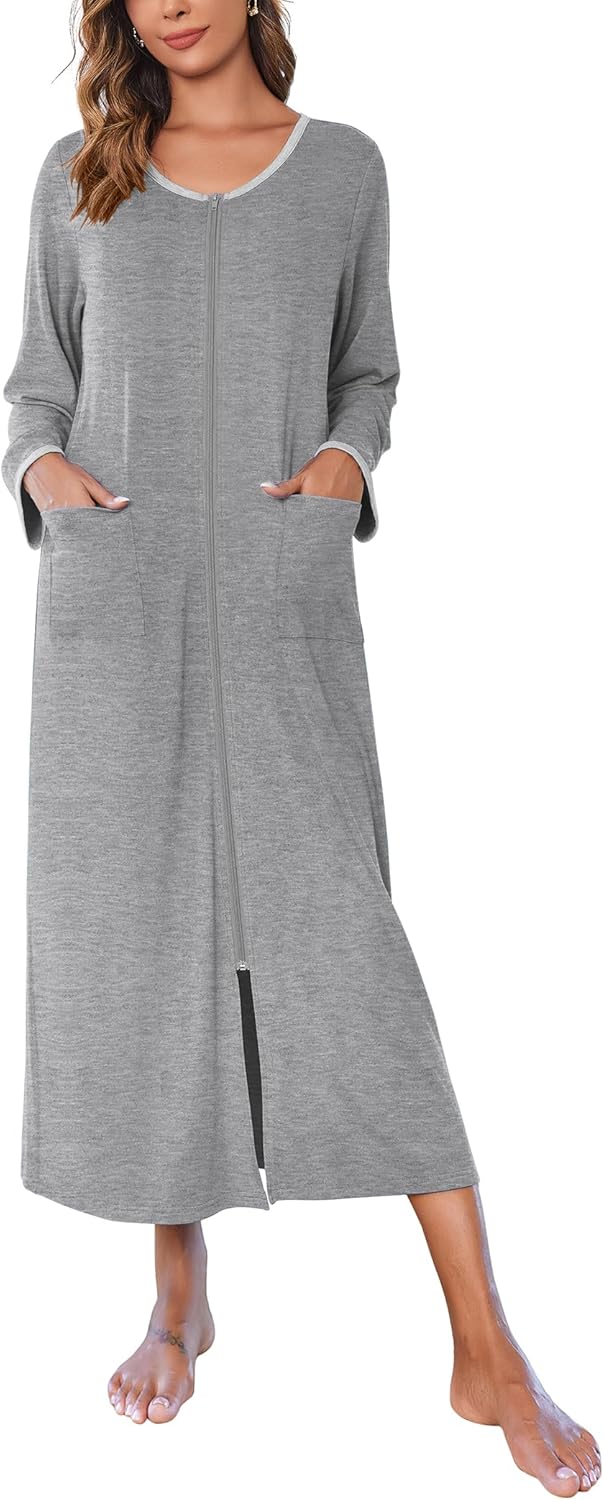 Ekouaer Women Long House Coat Zipper Front Robes Full Length Nightgowns with Pockets Striped Loungewear S-4XL